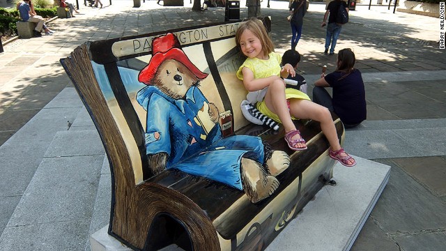 The marmalade sandwich-loving bear from Darkest Peru is celebrated in this bench on the south bank of London's Thames river. http://edition.cnn.com/2014/07/14/travel/uk-london-bookbenches/