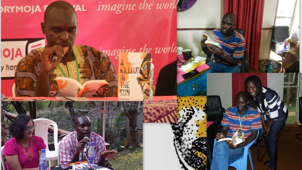 Dilman Dila launched A Killing In The Sun anthology at this year's Storymoja Festival in Nairobi. Auma Obama, patron of Storymoja, was the first to buy a copy of the anthology.